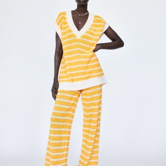 Yellow and White Striped Zara V-Neck Sleeveless Knit Sweater (NWT) - Picture 9 of 9